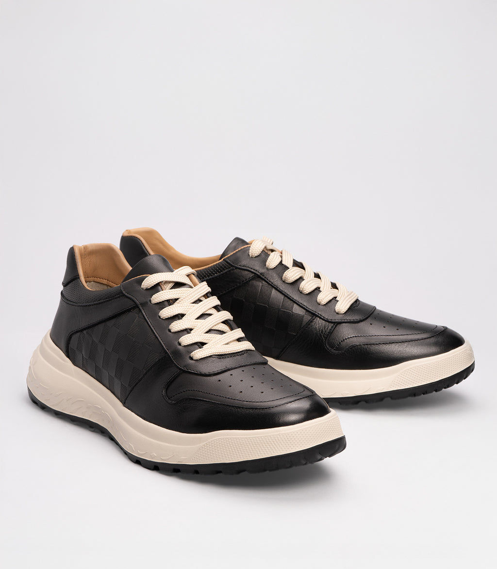 21190-1 Erkek Desenli Deri Sneaker Ayakkabı SİYAH