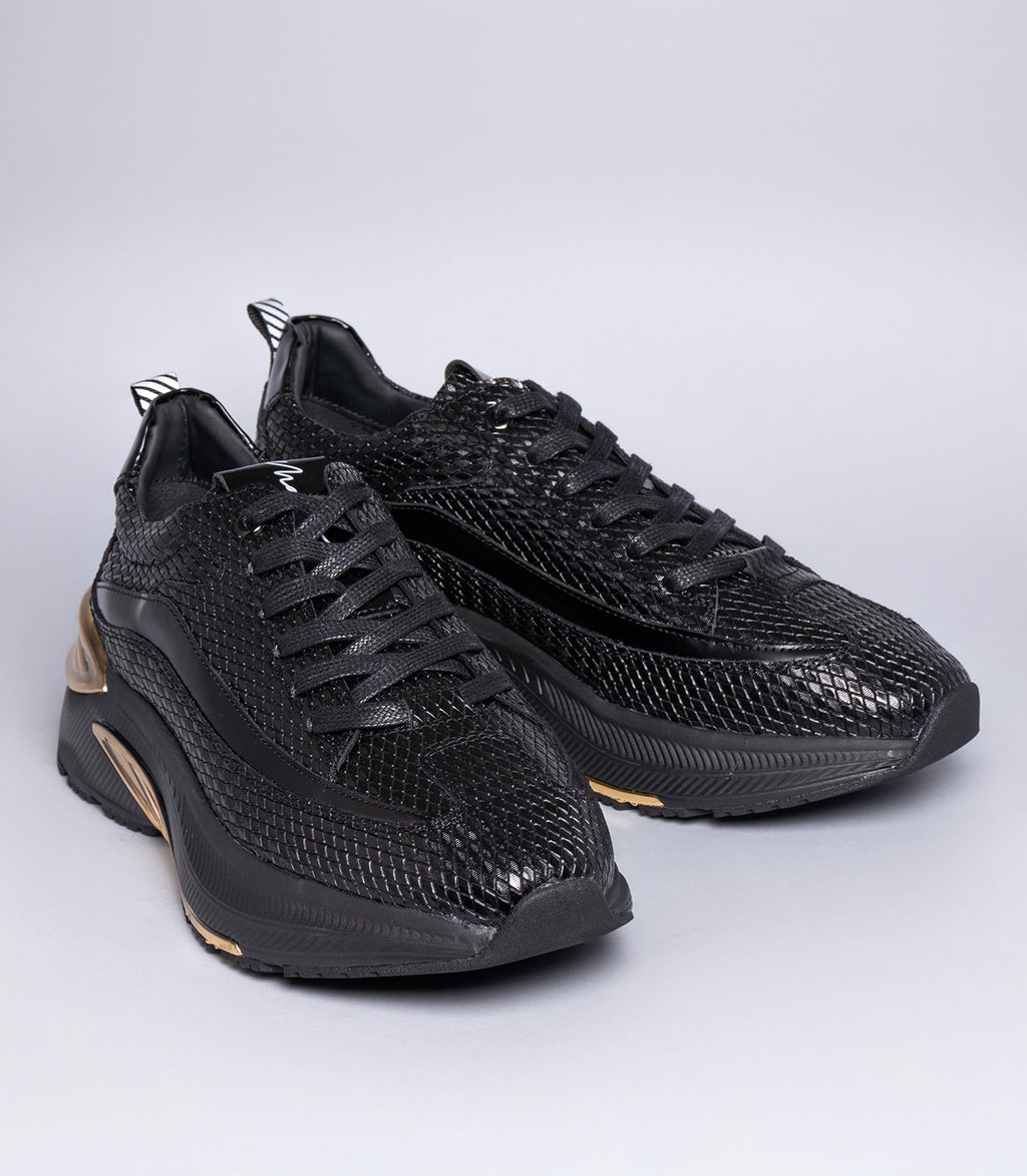 22449 Erkek Deri Altın Detaylı Sneaker SİYAH