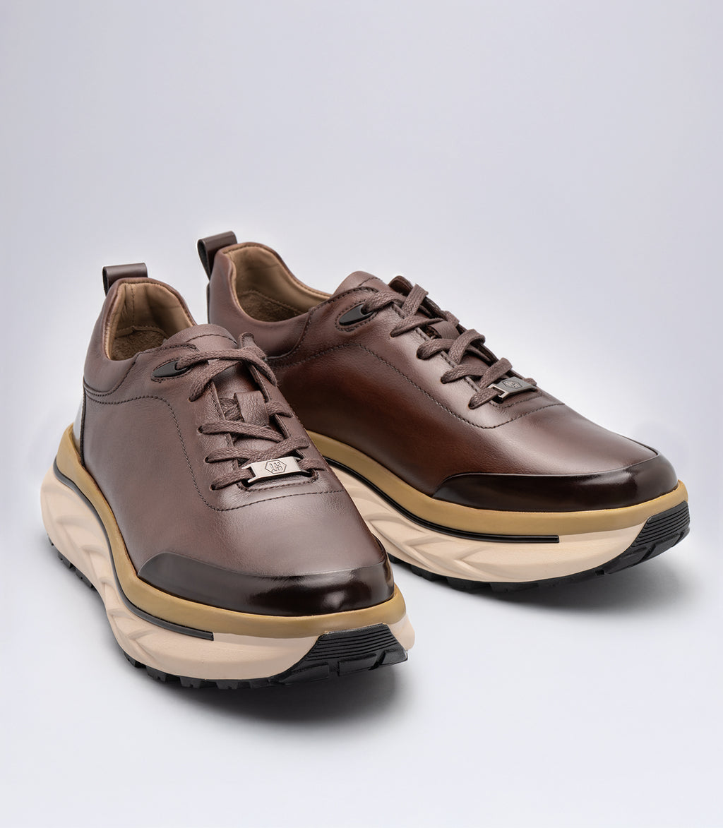 Erkek Bağcıklı Deri Casual Sneaker Kahverengi