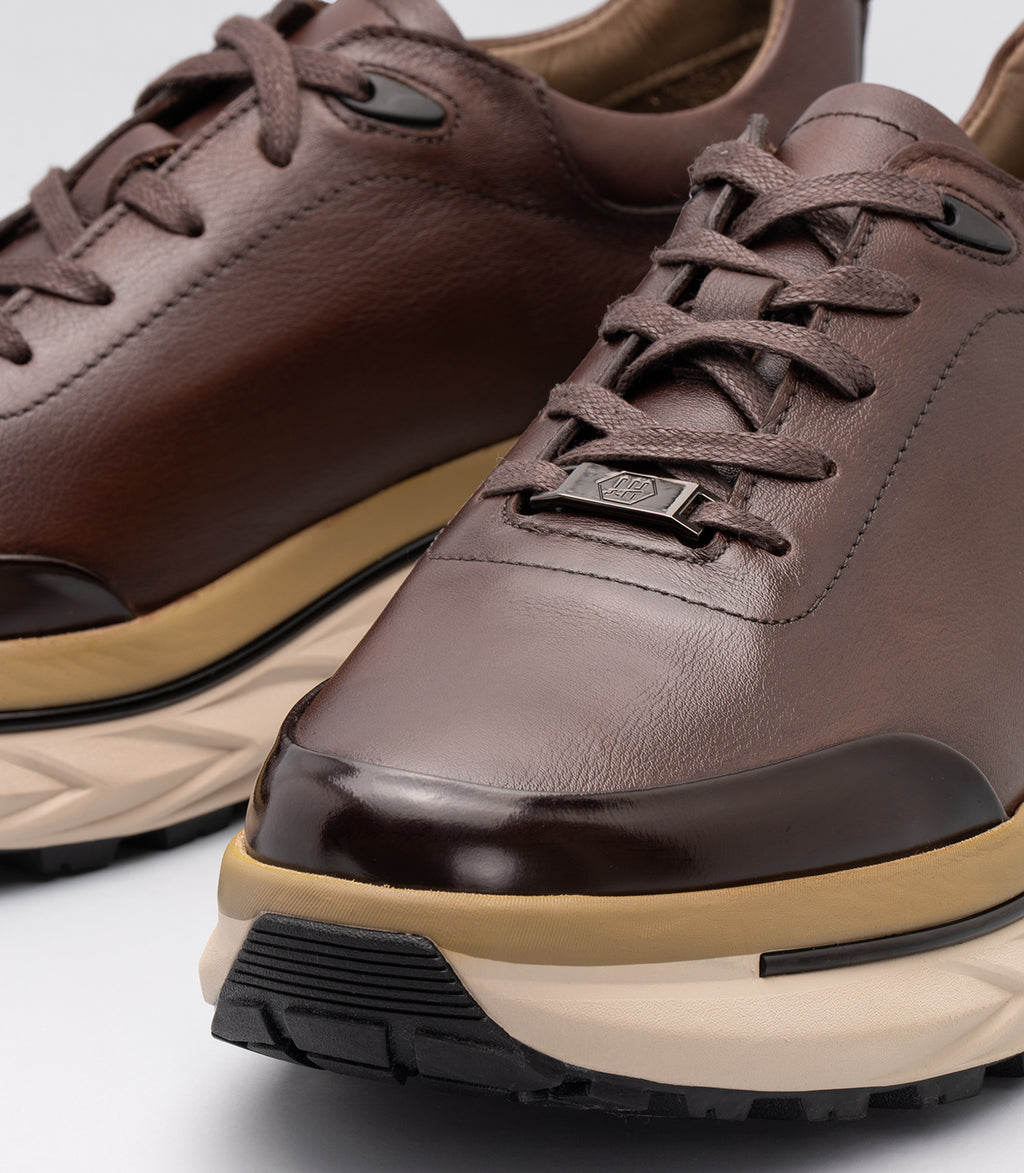Erkek Bağcıklı Deri Casual Sneaker Kahverengi