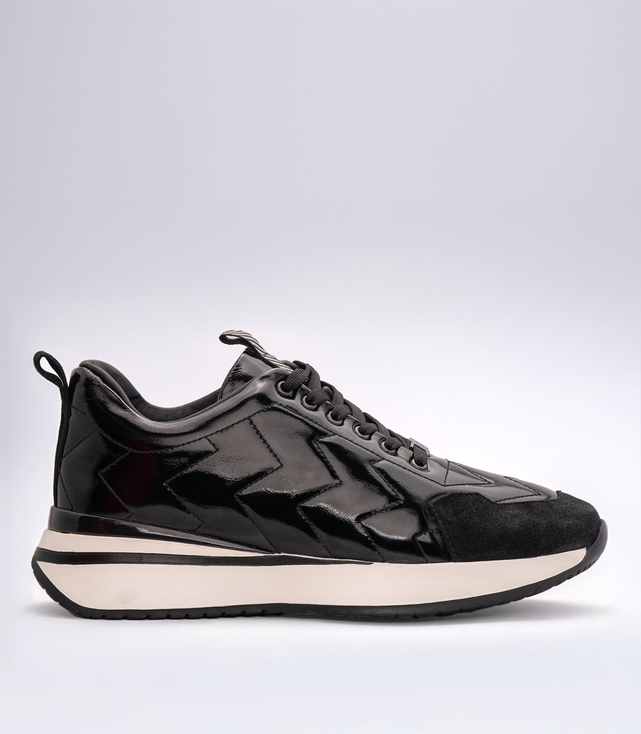 Erkek Bağcıklı Kalın Tabanlı Deri Sneaker Siyah Rugan