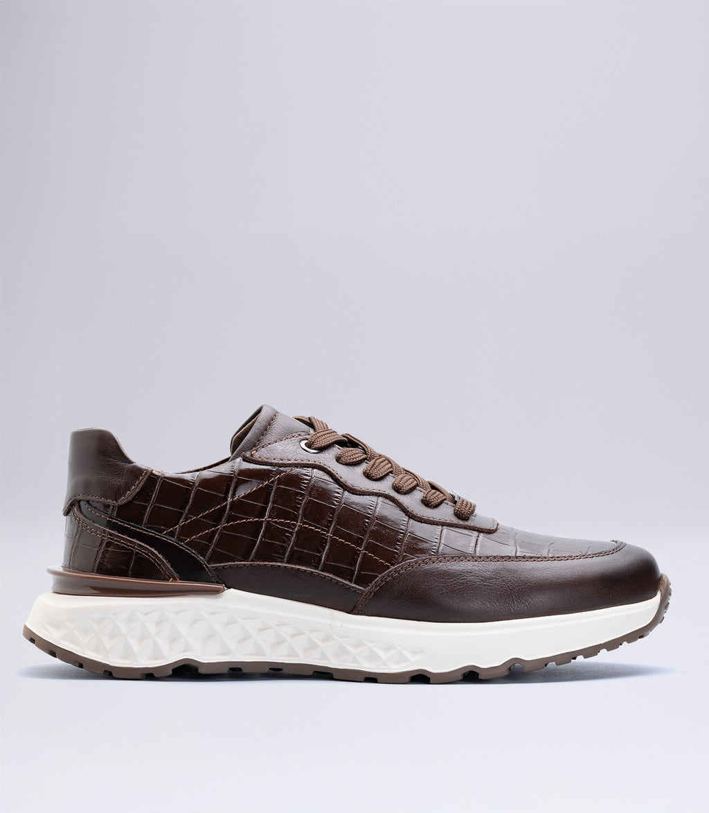 Erkek Bağcıklı Kroko Detaylı Casual Sneaker Kahverengi