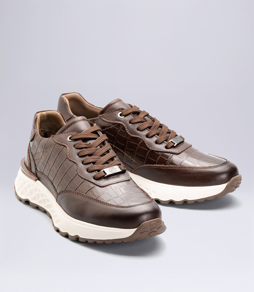 Erkek Bağcıklı Kroko Detaylı Casual Sneaker Kahverengi