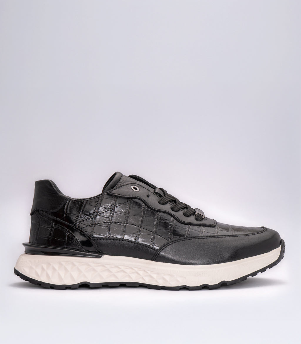 Erkek Bağcıklı Kroko Detaylı Casual Sneaker Siyah