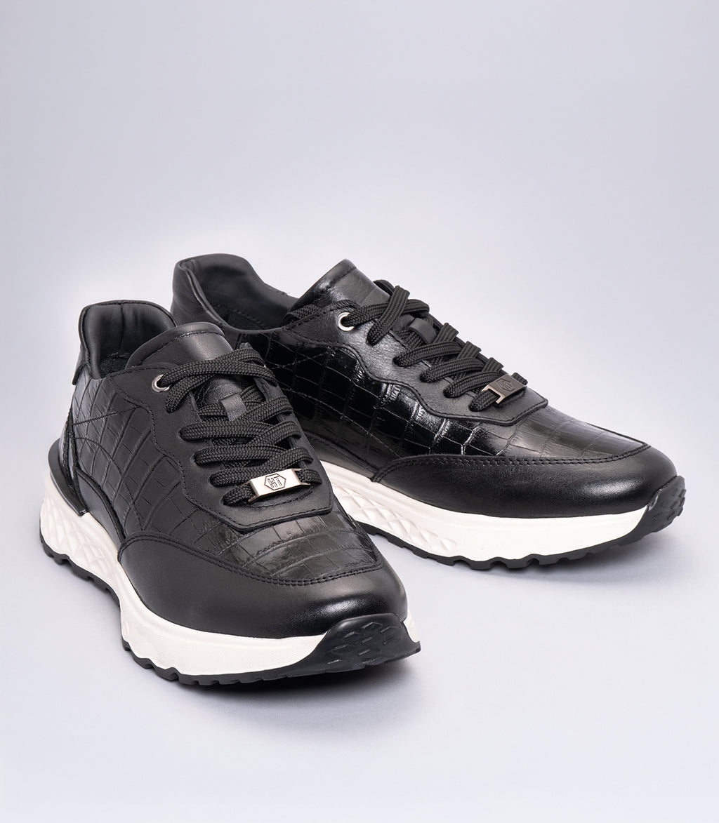 Erkek Bağcıklı Kroko Detaylı Casual Sneaker Siyah