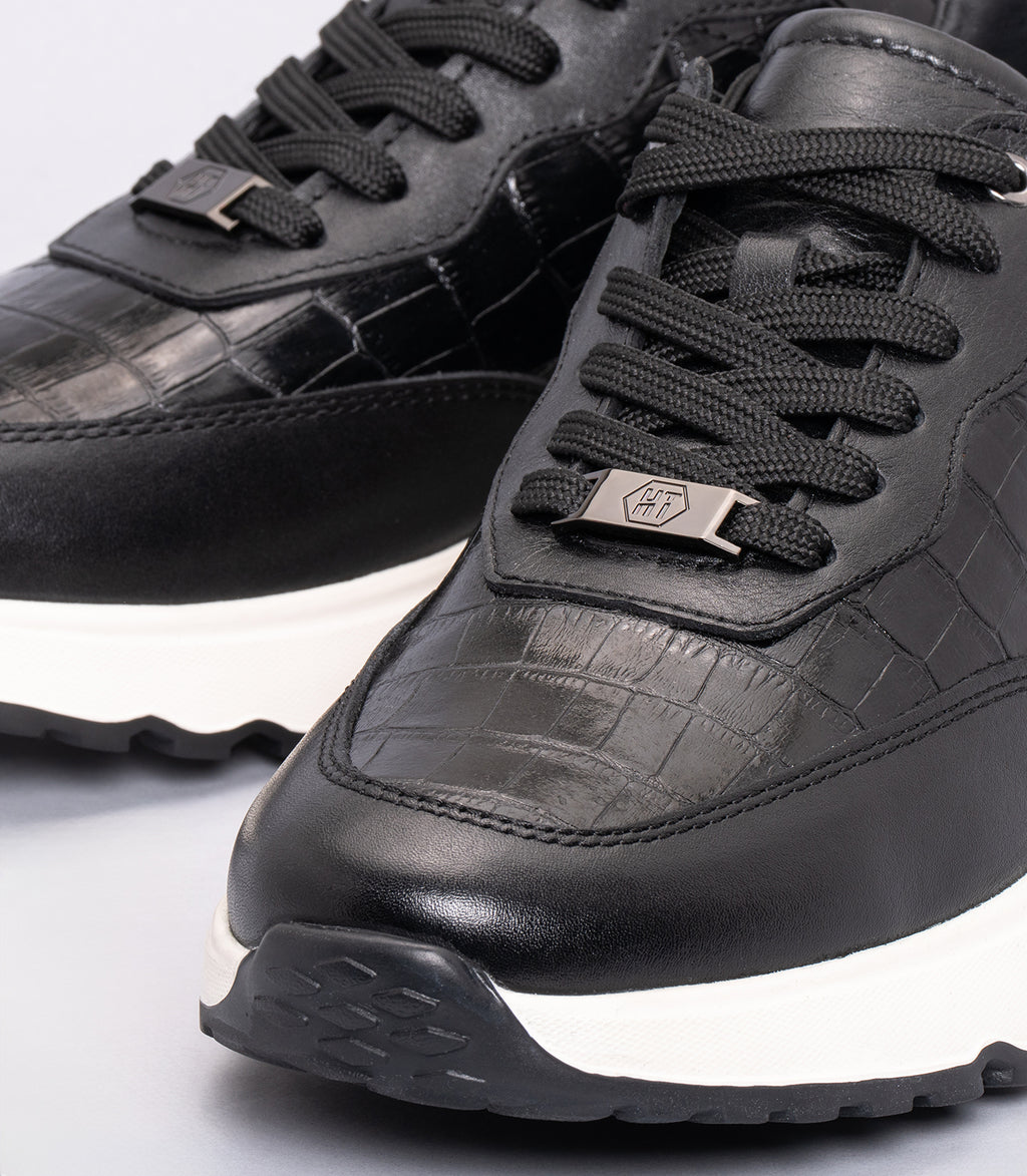 Erkek Bağcıklı Kroko Detaylı Casual Sneaker Siyah