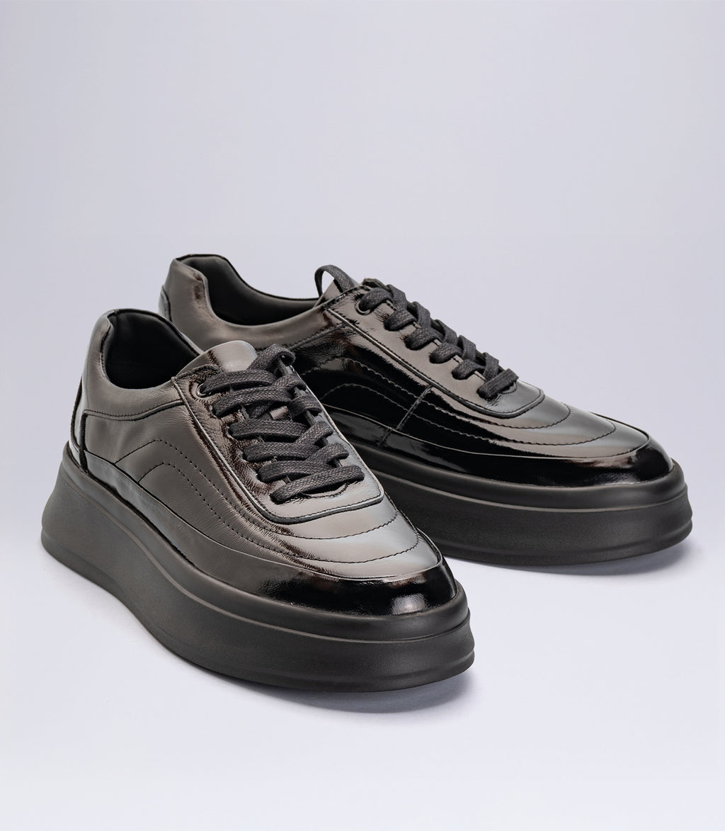 Erkek Parlak Rugan Detaylı  Sneaker Siyah Rugan